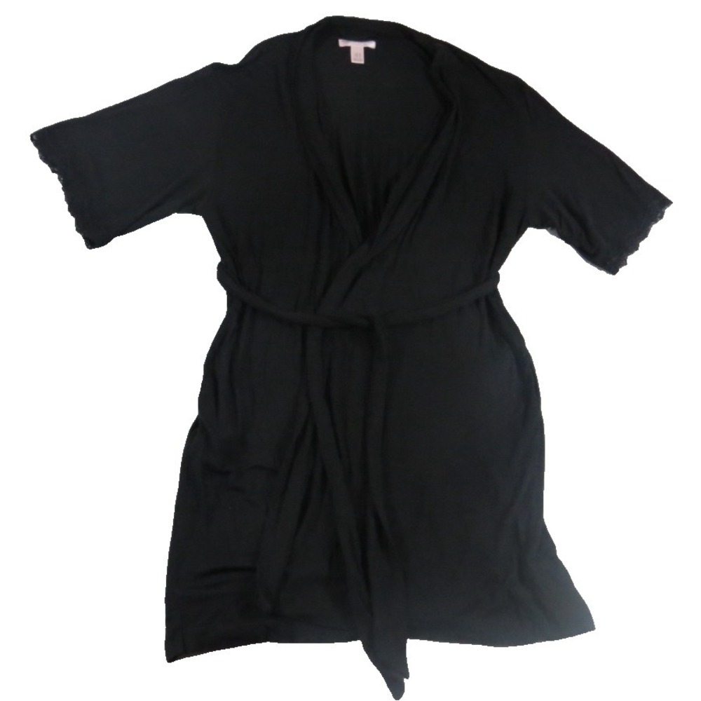 A Pea in the Pod Maternity Robe Womens Medium M Black Lace Trim Rayon Kimono EUC